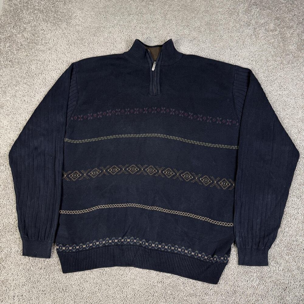 Alex Cannon Sweater Mens XL Black Fair Isle Mock Neck 1/4 Zip Pullover